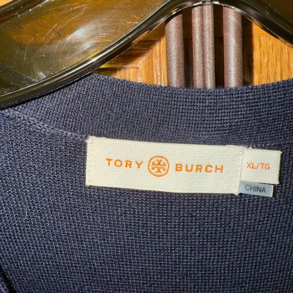 Tory Burch Merino Wool Cardigan, Navy with Velvet Lace Trim, XL - Picture 5 of 5